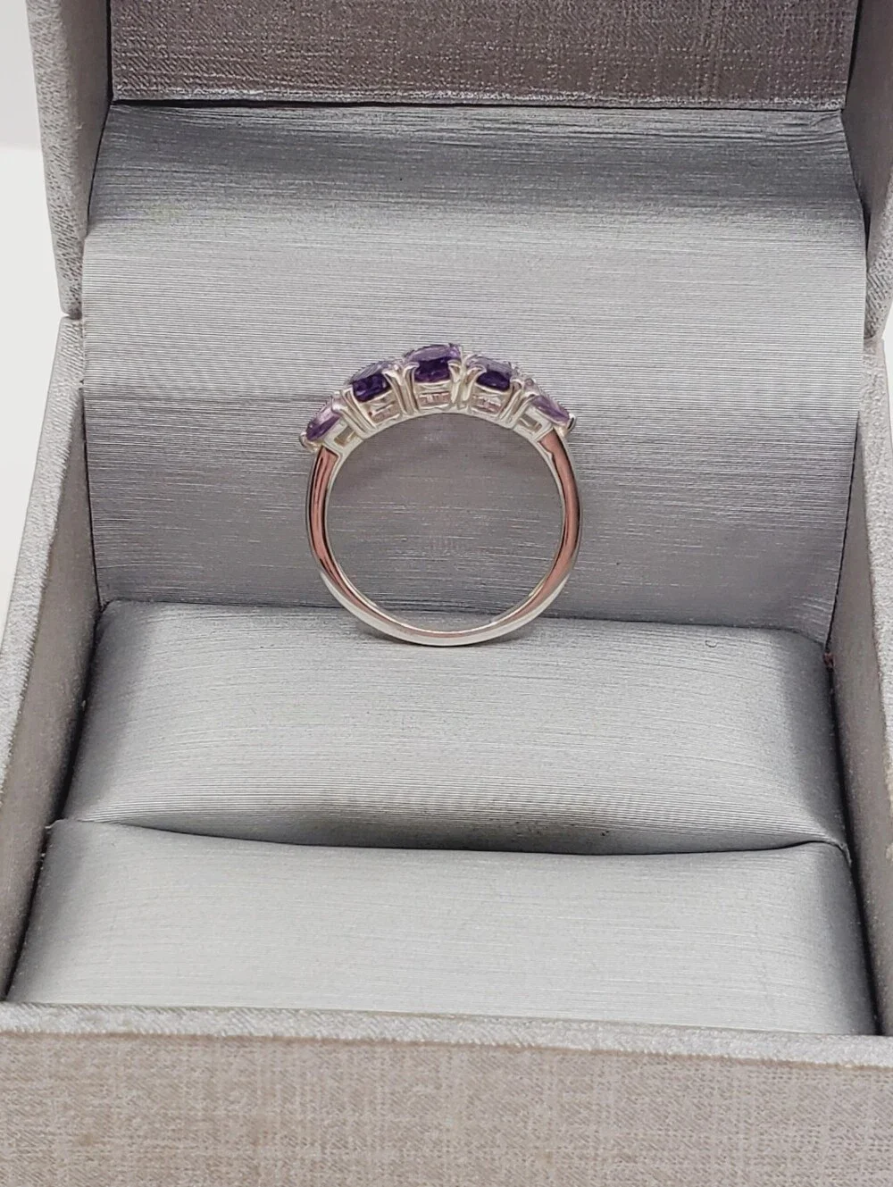 Oval & Trillion Genuine Purple Amethyst Five Stone Ring In 925 Sterling Silver